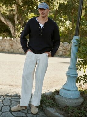 Men's Black Knit Henley Sweater with White Tank